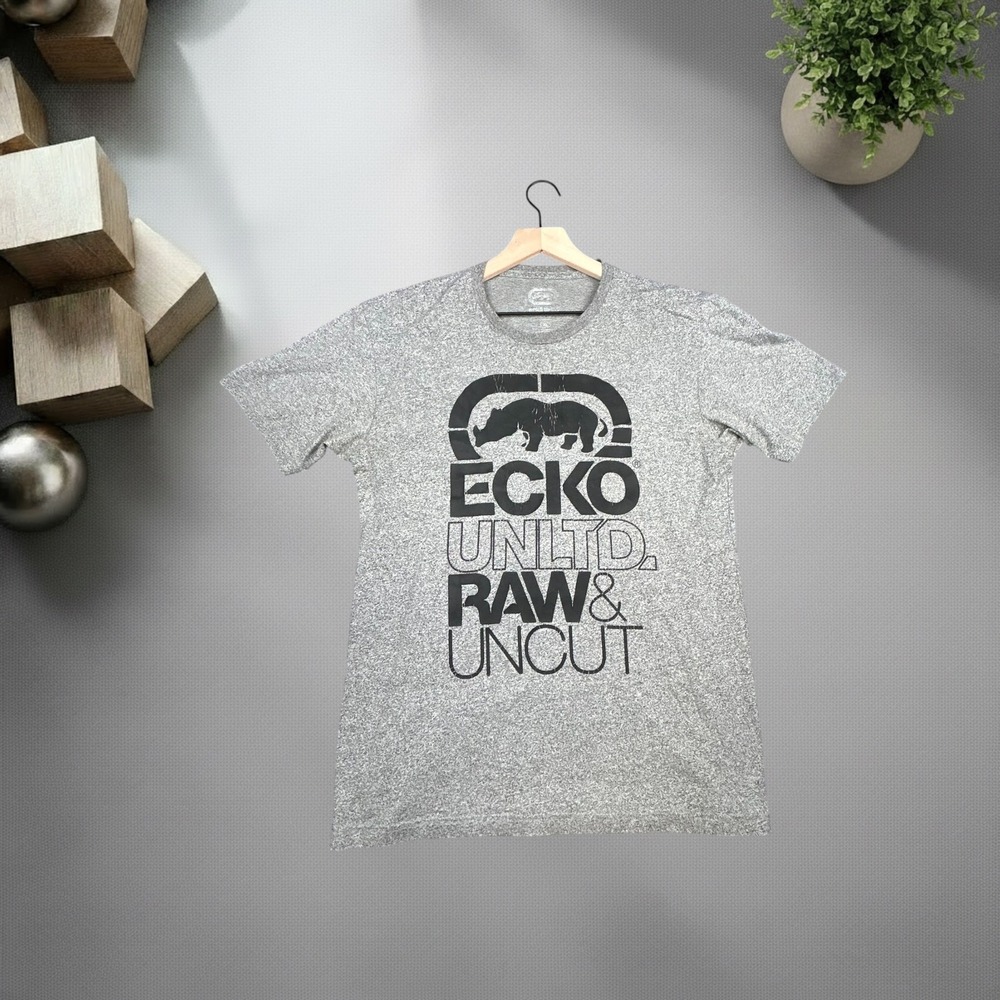 Ecko Unltd Raw Uncut Graphic T-Shirt Mens XL Grey Heather Y2K Skater‎ Streetwear
